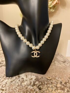 Cream Pearl Necklace with Chanel Gold CC Pendant